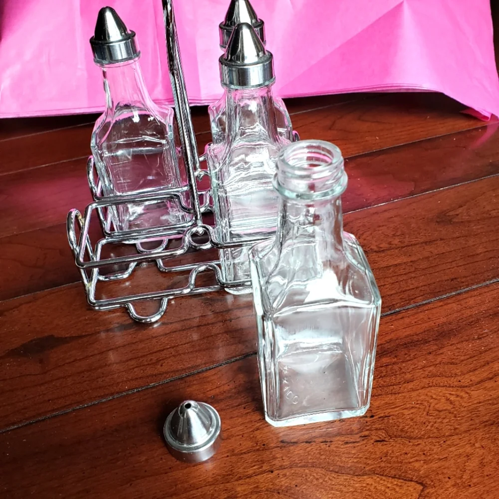 2 Sets, Oil & Vinegar Bottles w/ Metal Caddy & Oil & Vinegar Glass Shakers - Picture 6 of 11